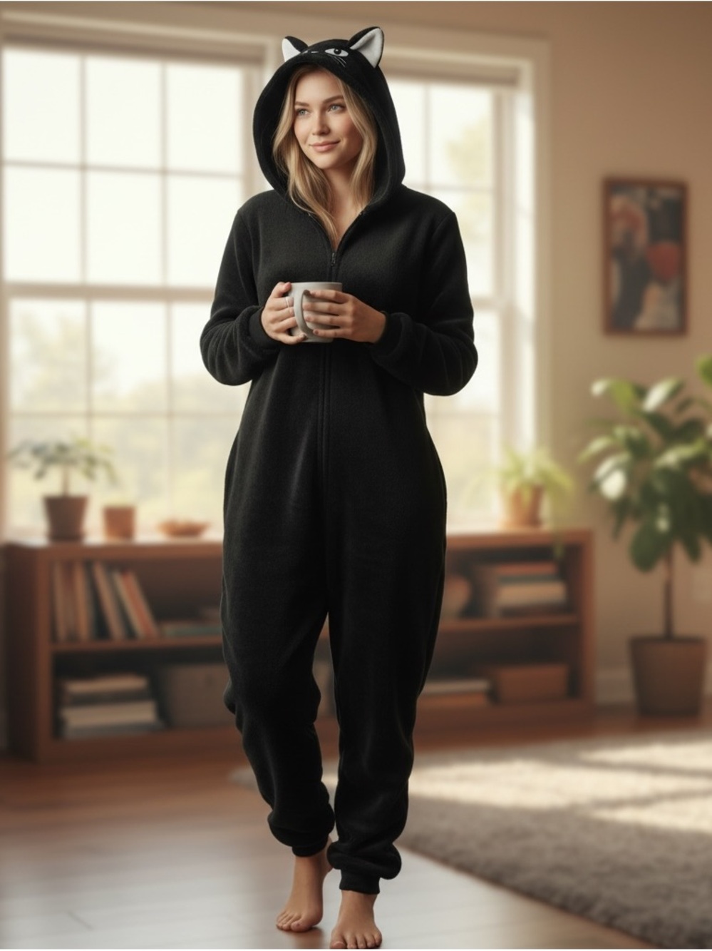 Black Hooded Cat-Ear Fleece Onesie Jumpsuit
